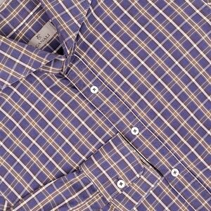 Canali Shirt Mens Medium Blue Brown Plaid Button Up Long Sleeve Made in Italy